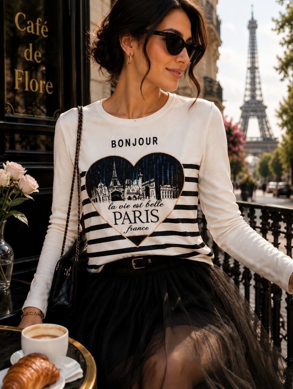 Attitude Paris Bonjour Sequin Heart Knit Top | Size Small